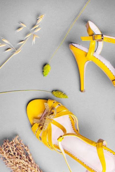 Gri arka planda kurumuş çiçekleri olan güzel, parlak, sarı kadın ayakkabıları. 2021 Rengi.