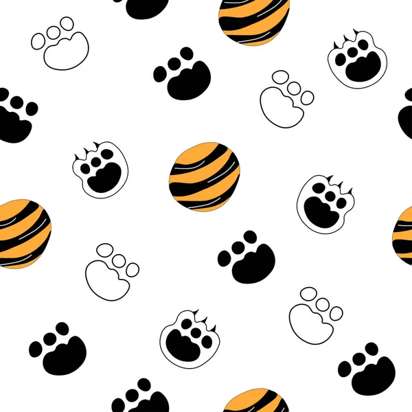 Vector seamless pattern of tigers paw with with baby ball. Bright baby seamless pattern mockup. — Stock Vector
