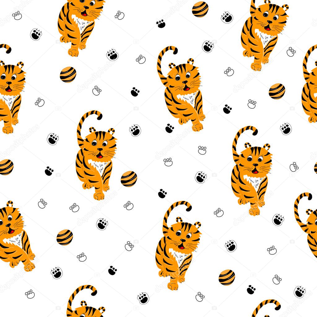 Vector seamless pattern with tigers, paws and baby ball. Bright baby seamless pattern mockup. Bright baby seamless pattern mockup. Symbol of 2022.