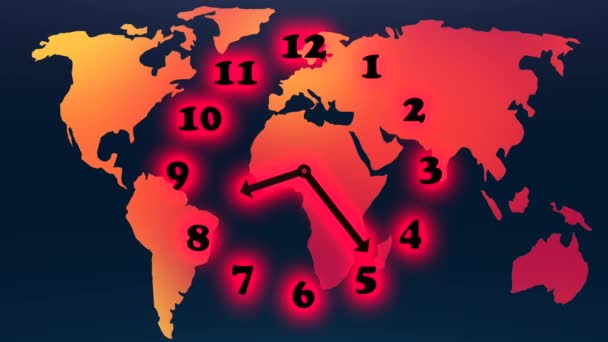 Animação Relógio Com Setas Movimento Mapa Mundo Segundo Plano — Vídeo de Stock