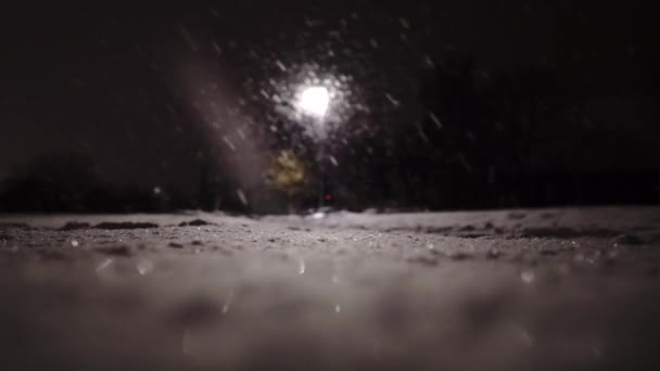 Падаючий Сніг Тлі Сяючого Ліхтаря Вночі — стокове відео