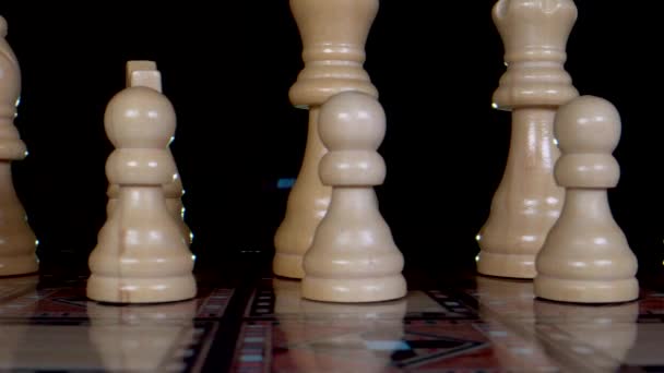 Real Wooden Chess Pieces Dark Background Beginning Piece Game Its — Stock Video