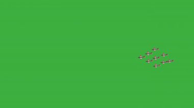 Yeşil ekranda dokuz uçak görünüyor.