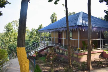 Doğal elementlerle yapılmış bir orman arasında güzel bir kulübe.