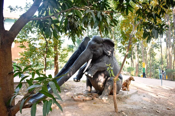 Cão Sentado Lado Elefante Artificial Playground — Fotografia de Stock