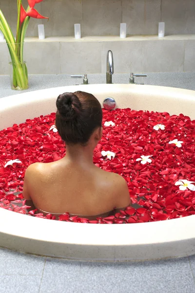 Cuidado corporal femenino en baño con pétalo de rosa Imagen De Stock