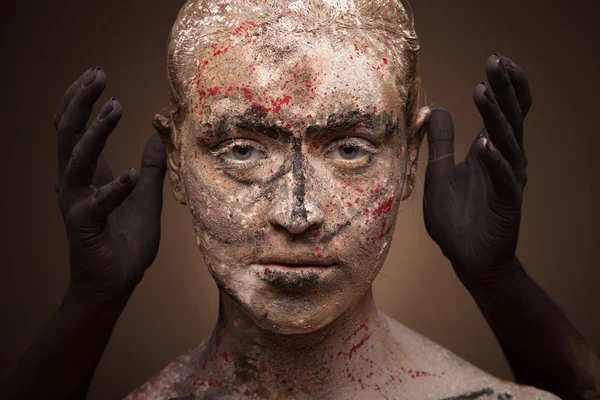 Female portrait with monster black hands — Stock Photo, Image