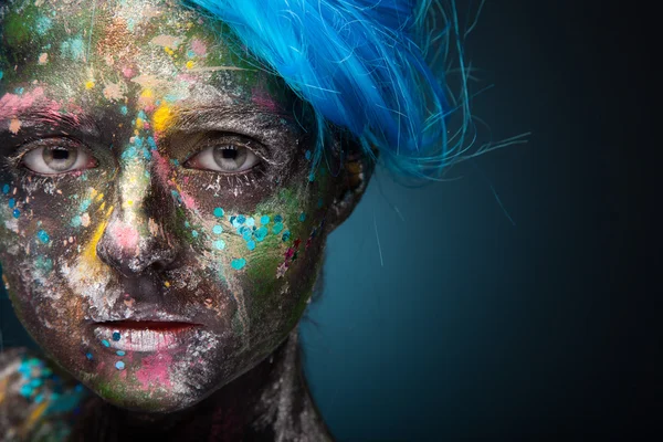 Woman with face art and Blue hair — Stock Photo, Image