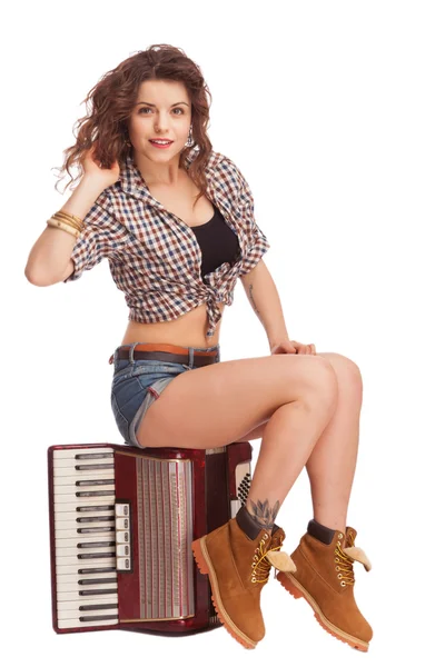 Pretty woman with accordion — Stock Photo, Image