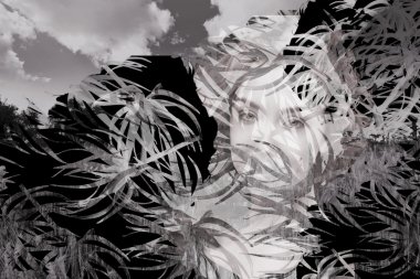 Woman face on landscape background