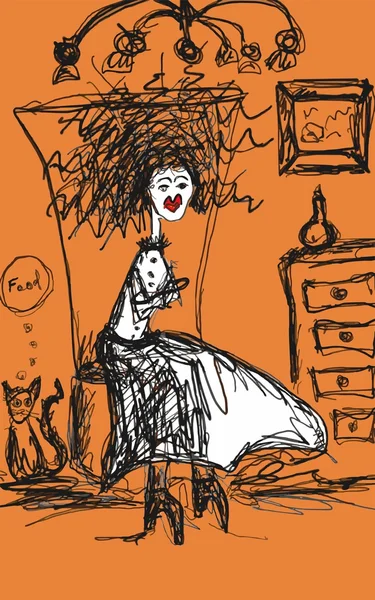 Сумна дівчина з кішкою ескіз — стокове фото