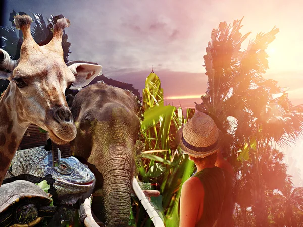 Mujer en sombrero con animales salvajes — Foto de Stock