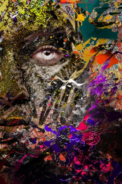 Half-gezicht vrouw onder psychedelische neon lijnen — Stockfoto