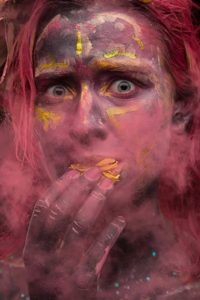 Gagged woman with unusual paint make-up — Stock Photo, Image