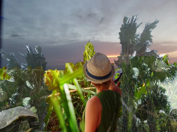 Donna in cappello su sfondo tropicale Foto Stock