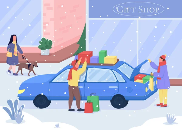 Shopping Pour Cadeaux Noël Illustration Vectorielle Couleur Plate Les Gens — Image vectorielle