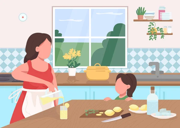 在家里做柠檬水平面彩色矢量图解 妈妈和女儿准备夏天的饮料 小孩帮我切柠檬带有厨房内部背景的家庭2D卡通人物 — 图库矢量图片