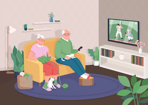 老夫妇在家里平面彩色矢量插图 祖母和祖父一起看电视 养老金领取者在沙发上休息 具有房屋内部背景的老年家庭2D卡通人物 — 图库矢量图片
