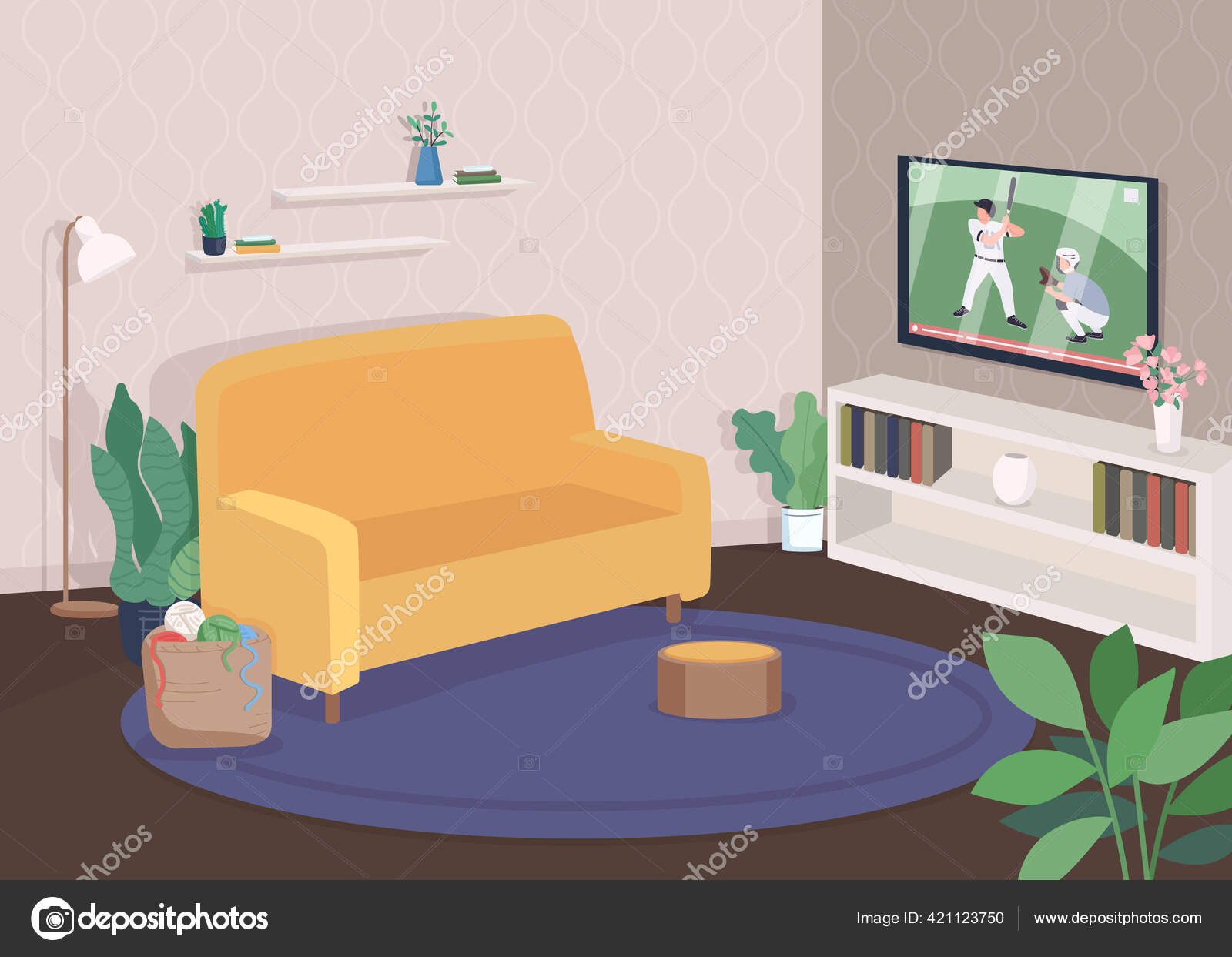 Modern Living Room Flat Color Vector Illustration Watch Television Sofa  Stock Vector Image by ©ntlstudio #421123750