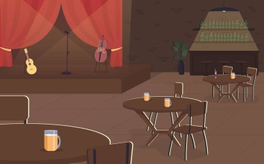 Bar düz renk vektör illüstrasyonunda müzik konseri. Kafede canlı müzikal performans. Spot hayatı olan bir restoran. Gece hayatı eğlencesi. Arka planda sahne olan 2B çizgi film iç mimarisi