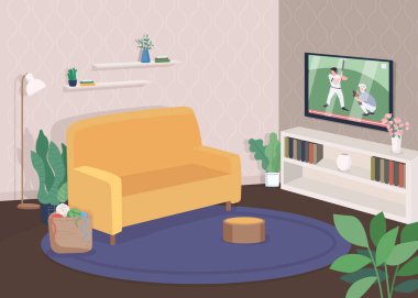Modern oturma odası düz renk vektör çizimi. Kanepeden televizyon seyret. Televizyonun yanında rahat bir kanepe. Dinlenme zamanı. Çağdaş ev 2D karikatür iç mimarisi arka planda mobilyalar