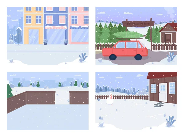 Vinter Stad Platt Färg Vektor Illustration Set Julgransgård Skridskobana Hus — Stock vektor