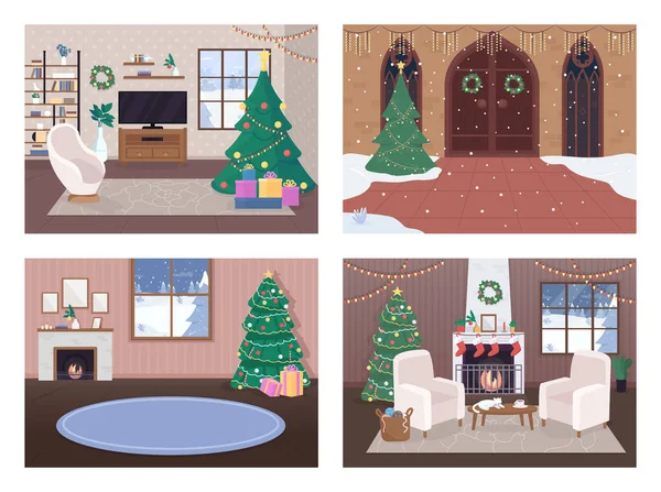 Karácsonyi Ház Belül Lapos Színű Vektor Illusztráció Készlet Nyugodt Higiéniai — Stock Vector