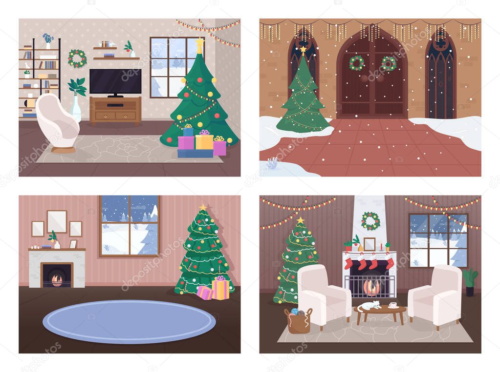 Christmas house inside flat color vector illustration set. Calm hygge life. Celebration time. Xmas tree. Traditionaly decorated cartoon interior with snowy forest hills on background collection
