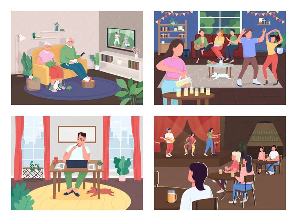 娱乐活动平面彩色图像集 老夫妇在家里 家庭聚会 自由撰稿人家庭和朋友的2D卡通人物与内部背景收集 — 图库矢量图片