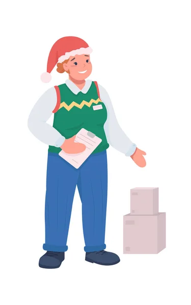Ταχυδρομείο Εργαζόμενος Χριστούγεννα Επίπεδη Χρώμα Διάνυσμα Χαρακτήρα Γυναίκα Παραδίδει Κουτί — Διανυσματικό Αρχείο