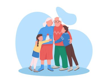 Noel 'de torunları olan büyük anne ve babaları yüzsüz, düz renk vektörlü bir karakter. Çocuklarla yeni yıl kutlaması. Web grafik tasarımı ve animasyonu için mutlu aile karikatürü çizimi