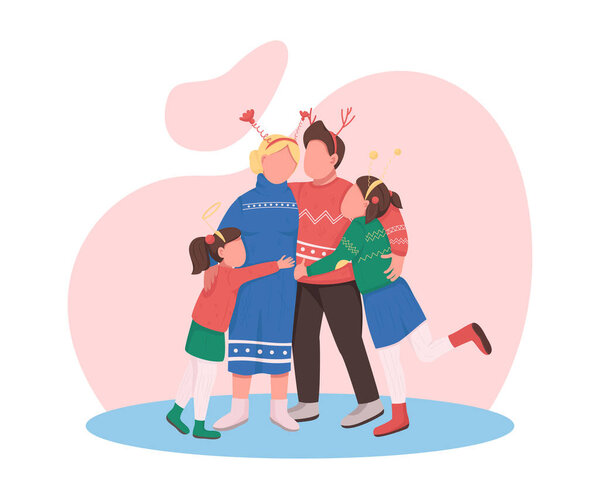 Happy family on Christmas flat color vector faceless characters. Mother, father and daughters hug. New Year eve celebration isolated cartoon illustration for web graphic design and animation