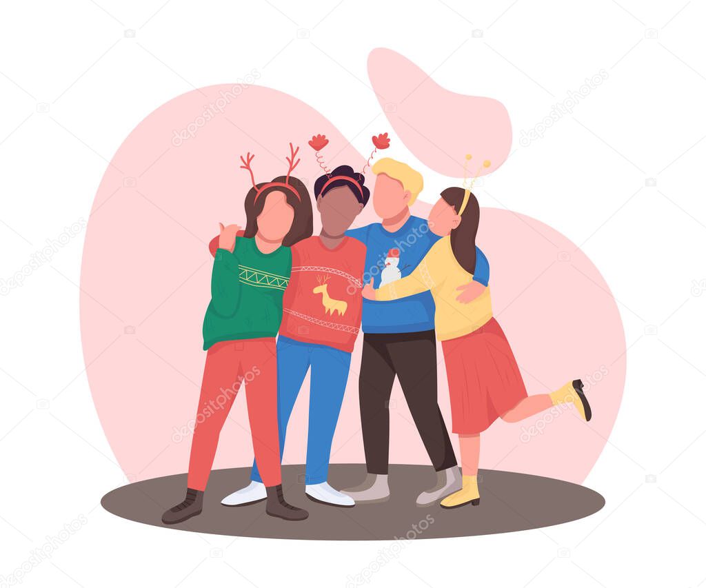 Friends on festive holiday flat color vector faceless characters. Teenager group hug. Christmas party celebration isolated cartoon illustration for web graphic design and animation