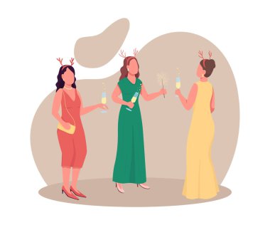 Şenlikli kıyafetli zarif kadınlar düz renk vektörlü yüzsüz karakterler. Köpüklü içkileri olan kızlar. Şenlik partisi. Noel zamanı, web grafik tasarımı ve animasyonu için izole edilmiş çizgi film çizimi