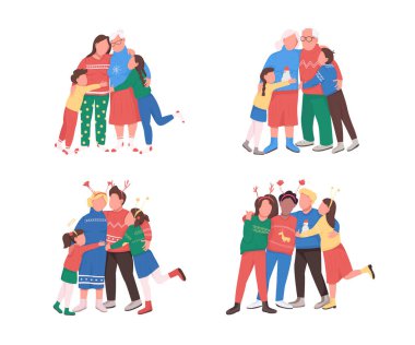 Kış tatilinde aile, düz renk vektörsüz karakter seti. Baba, çocuklu anne. Web grafik tasarımı ve animasyon koleksiyonu için izole edilmiş çizgi film illüstrasyonunu birlikte kutlayın