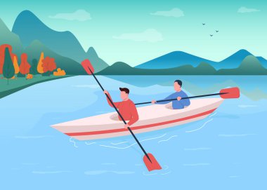 Kano yassı renk vektör çizimi. Eğlence için kano gezisi. Sporcu teknede kürekle yüzüyor. Aktif yaşam tarzı. Su sporları takımı 2D karikatür karakterleri