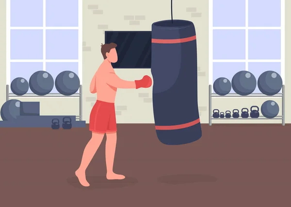 Treinamento Boxe Ilustração Vetorial Cor Plana Esportista Com Saco Pancada —  Vetores de Stock