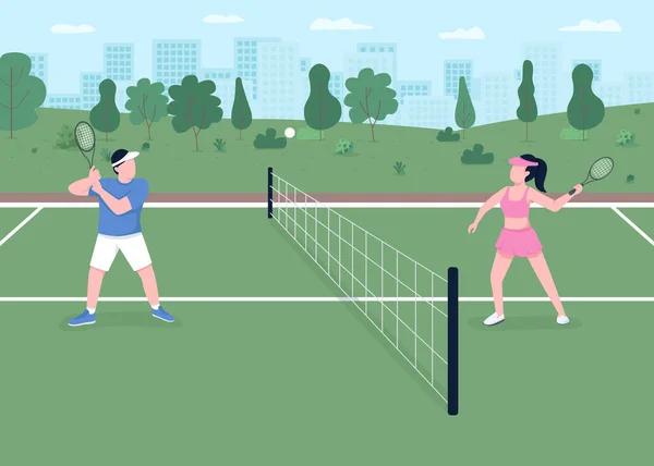 网球游戏平面彩色矢量插图 户外运动场的比赛 积极的生活方式 球员在球网上击球 运动员将二维卡通人物与背景景观结合在一起 — 图库矢量图片