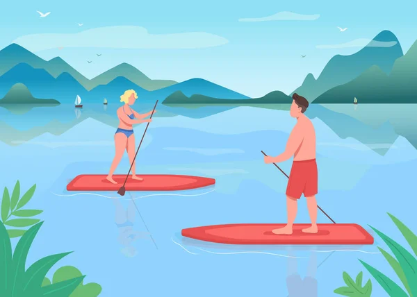 Surf Stravování Ploché Barevné Vektorové Ilustrace Aktivní Životní Styl Paddleboarding — Stockový vektor