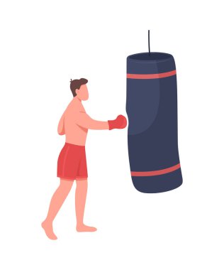Profesyonel boksör düz renk vektörü yüzsüz karakter. Sporcu kum torbasına tekme attı. Kutu turnuvası. Spor eğitimi web grafik tasarımı ve animasyonu için izole edilmiş çizgi film çizimi