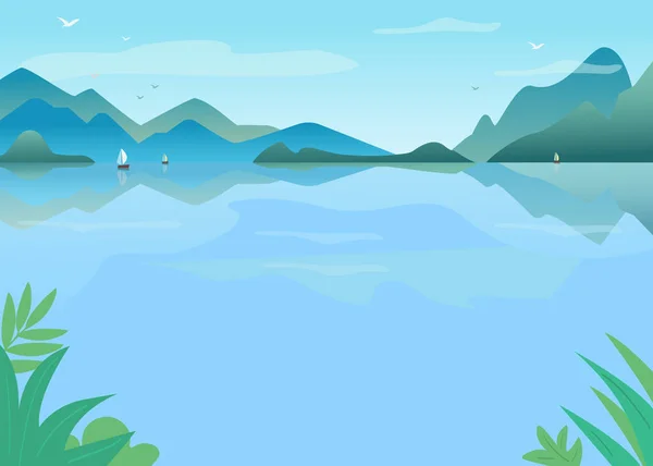 Lago Con Ilustración Vectorial Plana Agua Azul Temporada Primavera Río — Vector de stock