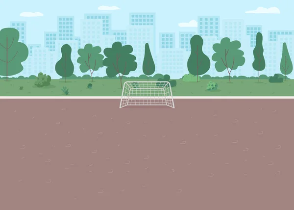 スポーツゲームフラットカラーベクトルイラストのための都市フィールド 活動のための公園裁判所 屋外ホッケーのための公共の場所 都市環境背景にスカイラインと2D漫画の風景 — ストックベクタ