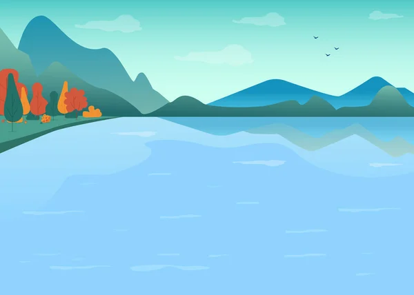 Lago Las Montañas Ilustración Vector Color Plano Temporada Primavera Río — Vector de stock