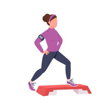 Aerobik eğitmeni düz renk vektörü yüzsüz karakter. Fitness eğitimi. Açık havada egzersiz. Sağlıklı aktif yaşam tarzı web grafik tasarımı ve animasyonu için izole edilmiş karikatür çizimi