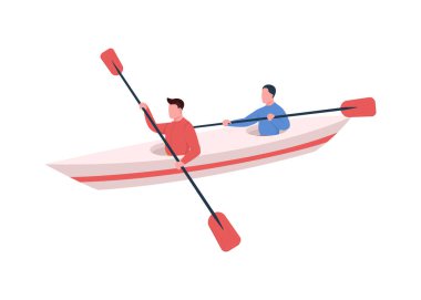 Kanocuların düz renk vektörü, yüzsüz karakter. Aktif yaşam tarzı. Su sporu. İnsanlar kanoda kürekle yüzüyor. Web grafik tasarımı ve animasyonu için izole edilmiş karikatür çizimi