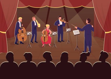 Orkestra senfoni performansı düz renk çizimi. Müzisyenle orkestra şefi. Gece canlı yayını. Seyirciler için eğlence. Arka planda sahne alan klasik müzik grubu 2D çizgi film karakterleri