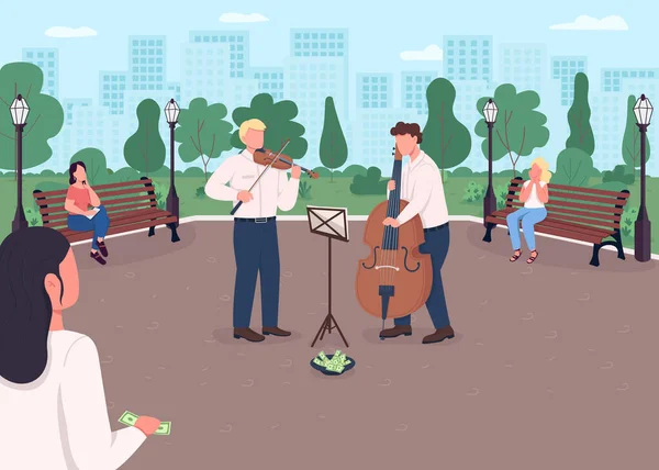 Banda Música Rua Ilustração Vetorial Cor Plana Jogadores Violino Violoncelo — Vetor de Stock