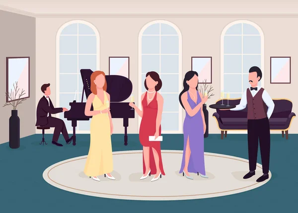 豪華なカクテルパーティーフラットカラーベクトルイラスト 正式な行事だ クラシック音楽の演奏でイベント ピアノ音楽家 背景に豊かな家を持つエレガントな2D漫画のキャラクター — ストックベクタ