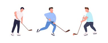 Hokey takımı düz renk vektörsüz karakter seti. Sopalı ve diskli oyuncular. Patenci sporcu. Rekabetçi spor, web grafik tasarımı ve animasyon paketi için izole edilmiş çizgi film çizimi