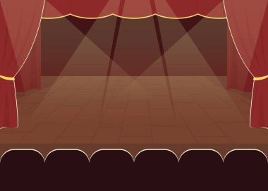 Boş sahne düz renk vektör çizimi. Gece gösterisi. Seyircilerle canlı konser yeri. Akşam konser salonu 2D karikatür iç mekan sahne ışıkları ve arka plan örtüsüyle